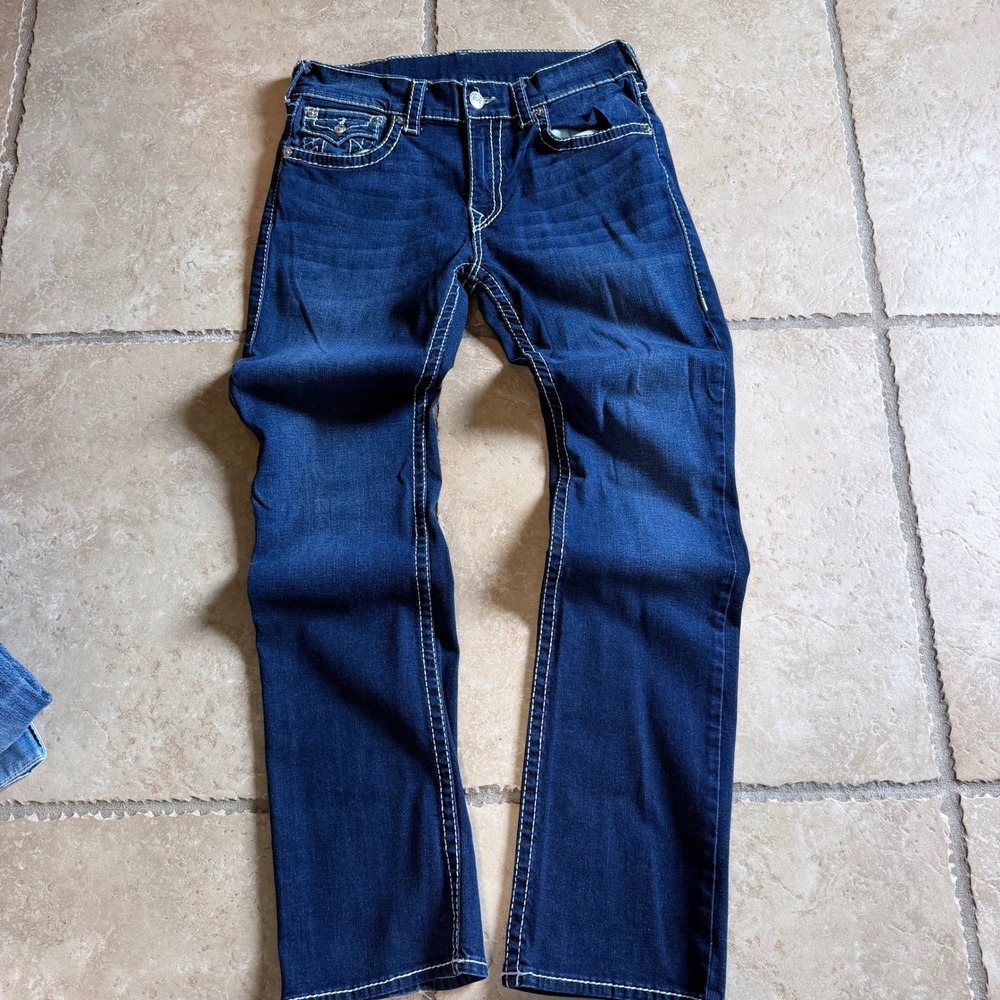 True Religion Straight Flap Jeans Men 32 Dark Blue Natural Big T Contrast Stitch